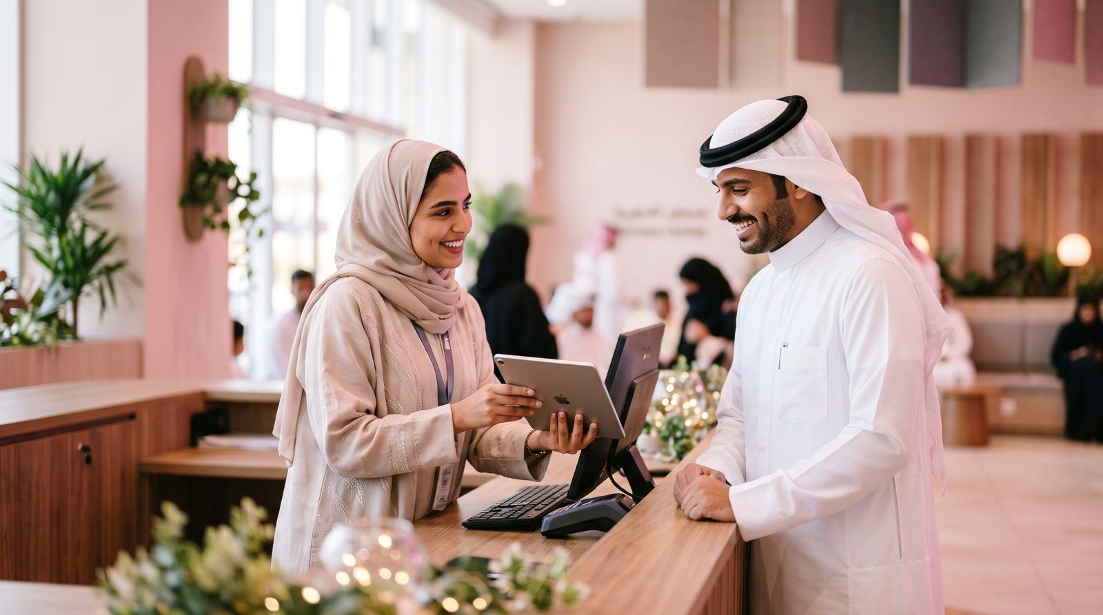 موظفة سعودية بعباءة وحجاب تساعد بابتسامة عميلاً سعودياً بالثوب عند كاونتر خدمة حديث