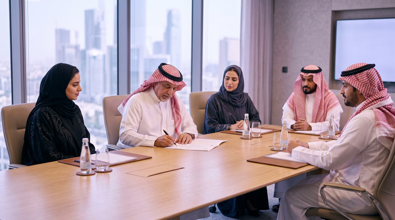 اجتماع مجلس إدارة سعودي يضم رجالاً بالثياب والأشمغة ونساءً بالعباءات، وأحد الأعضاء يوقّع على قرار الاعتماد