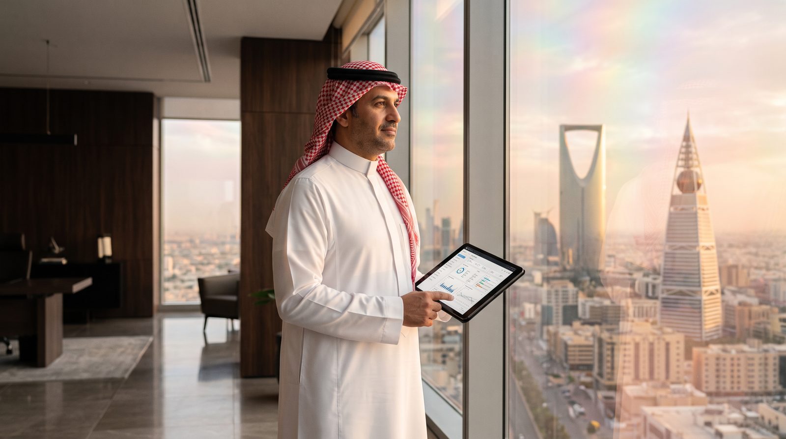 رئيس تنفيذي سعودي بالثوب والشماغ الأحمر يحمل جهازاً لوحياً أمام نافذة مكتب مرتفع يطل على الرياض