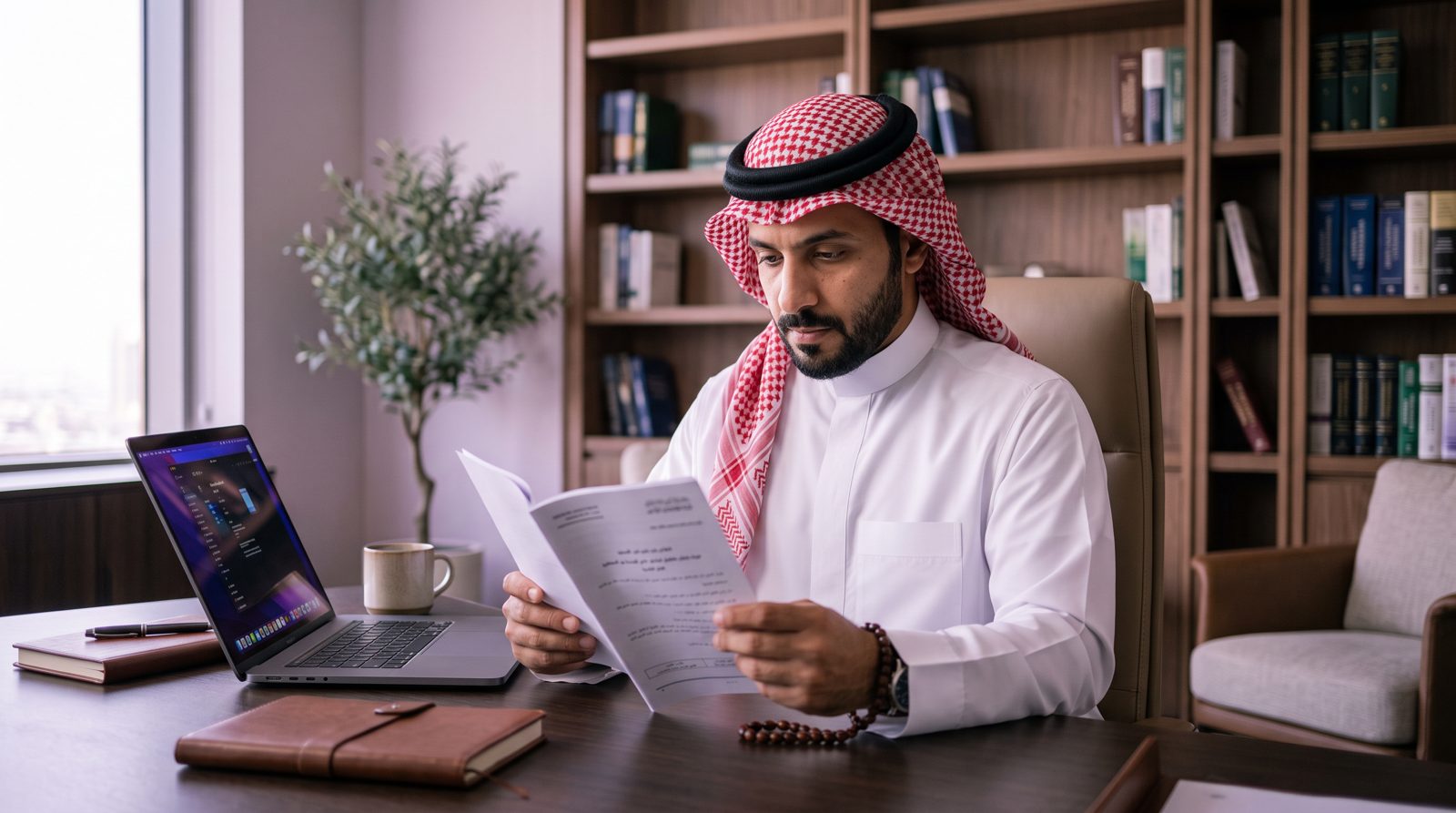 مسؤول التزام سعودي بالثوب والشماغ يقرأ نصاً نظامياً بجوار حاسوبه المحمول