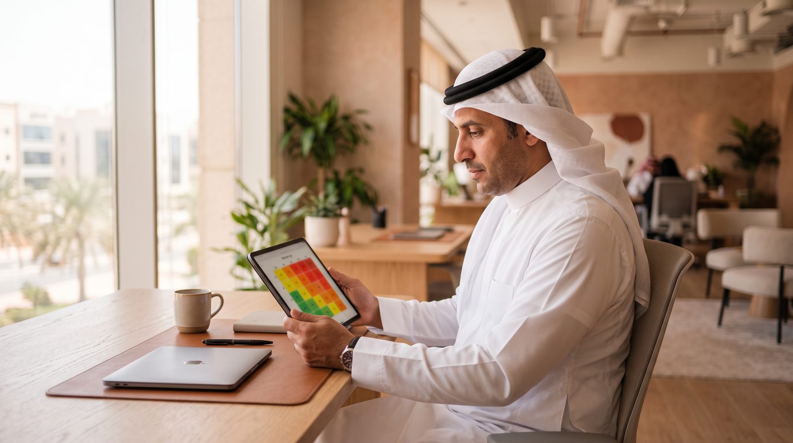 مسؤول مخاطر سعودي بالثوب والغترة يراجع خريطة المخاطر الحرارية على جهازه اللوحي